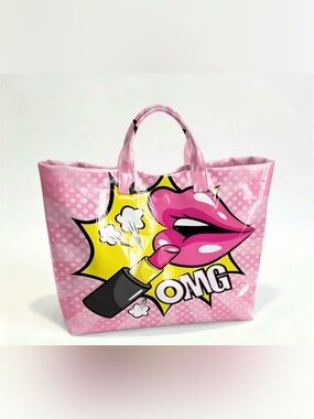 Pink Pop Art Tote Bag with Lipstick Graphic